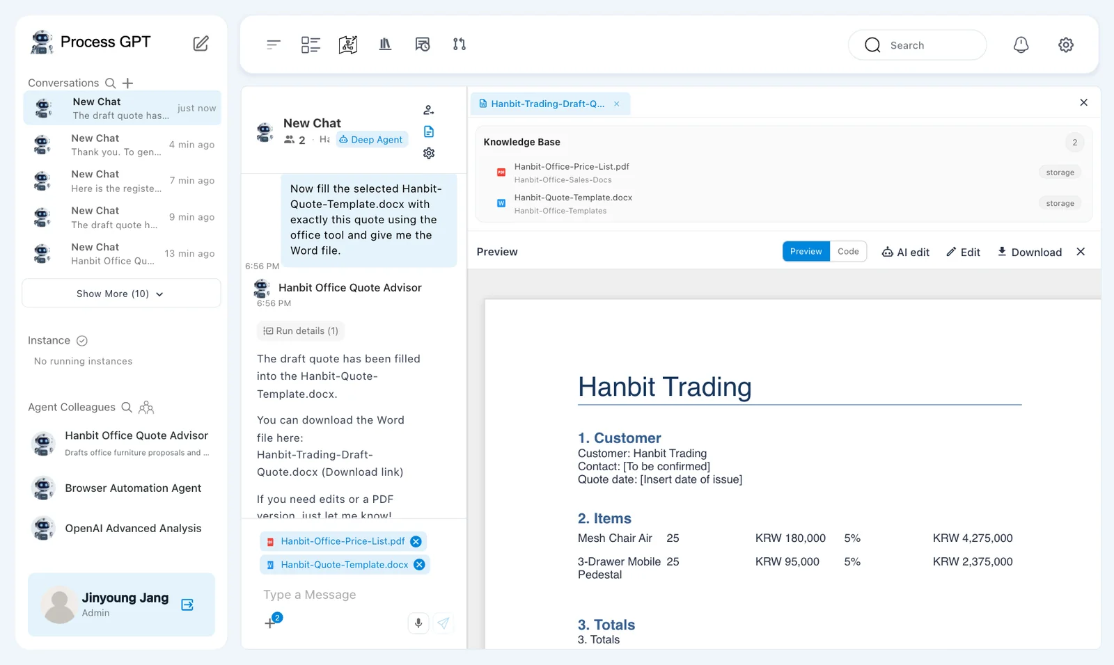 Document preview — customer details, item rows, and the same incorrect totals as the draft