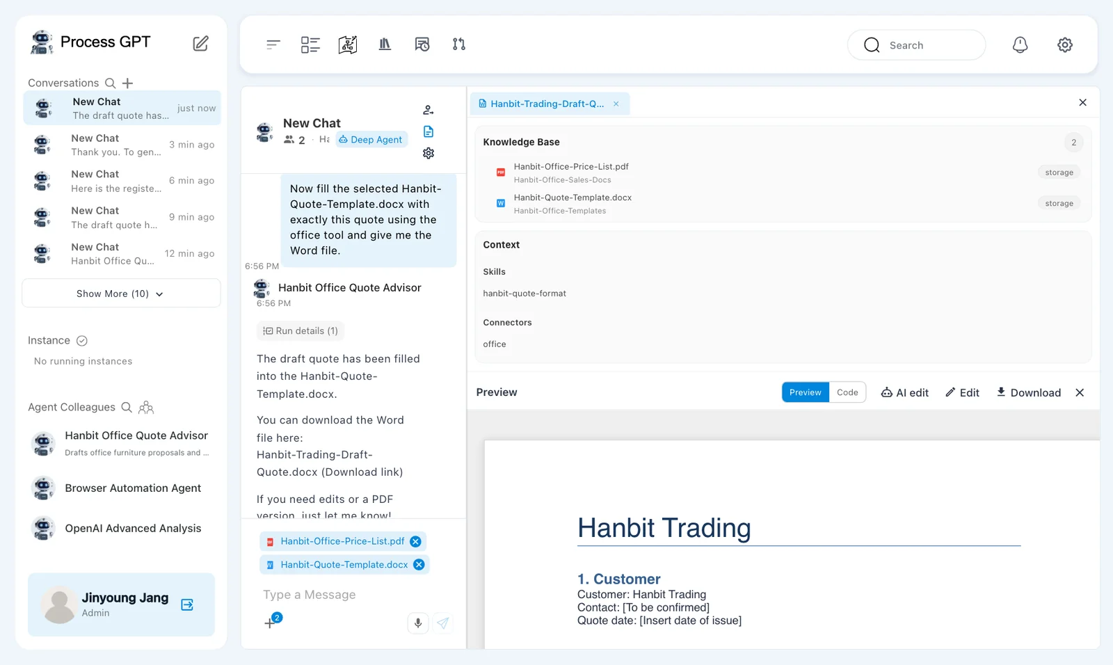Word document result — the completion reply and generated quote document