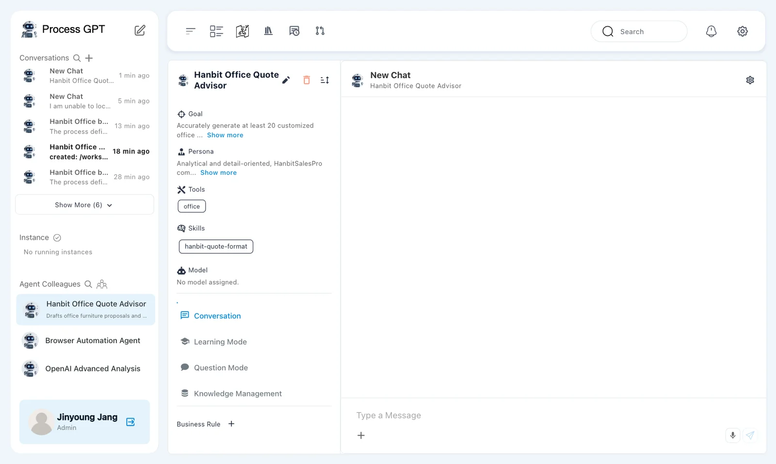 Saved agent tools — the quote advisor after the office tool was attached