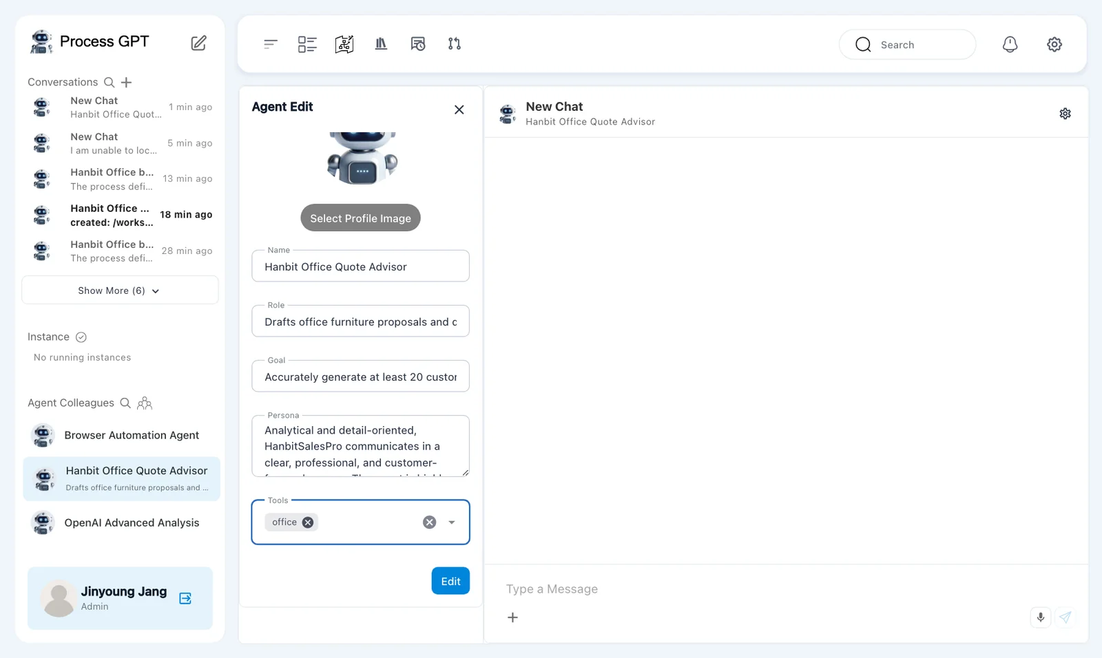 Agent tool selection — office selected in the Tools field