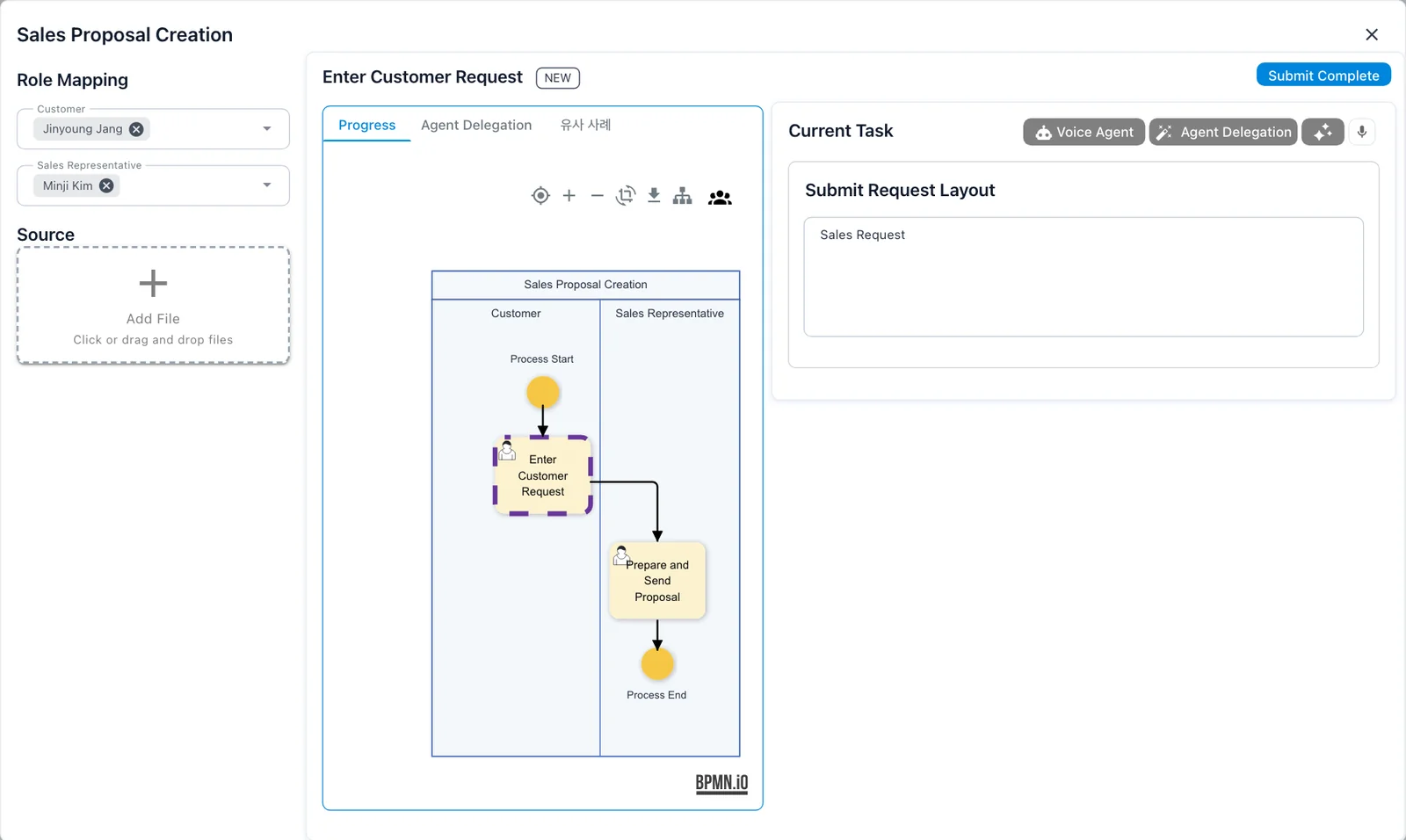 Run dialog — Customer mapped to Jinyoung Jang, Sales Representative to Minji Kim, and the Enter Customer Request form