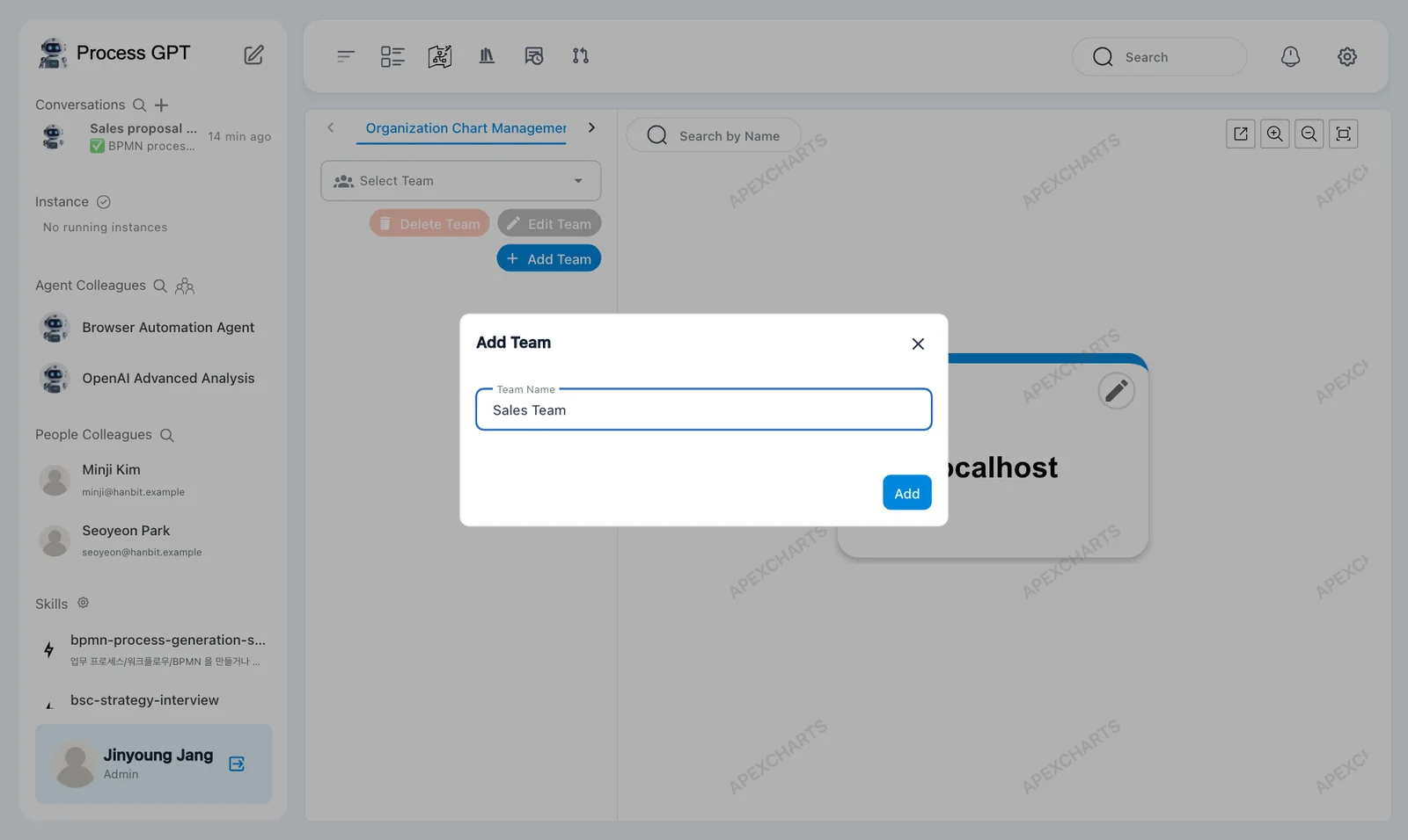 Add Team dialog — Sales Team entered in Team Name and the Add button