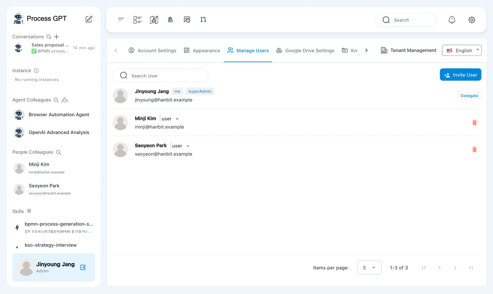 Users before team assignment — Jinyoung Jang, Minji Kim, and Seoyeon Park in Manage Users