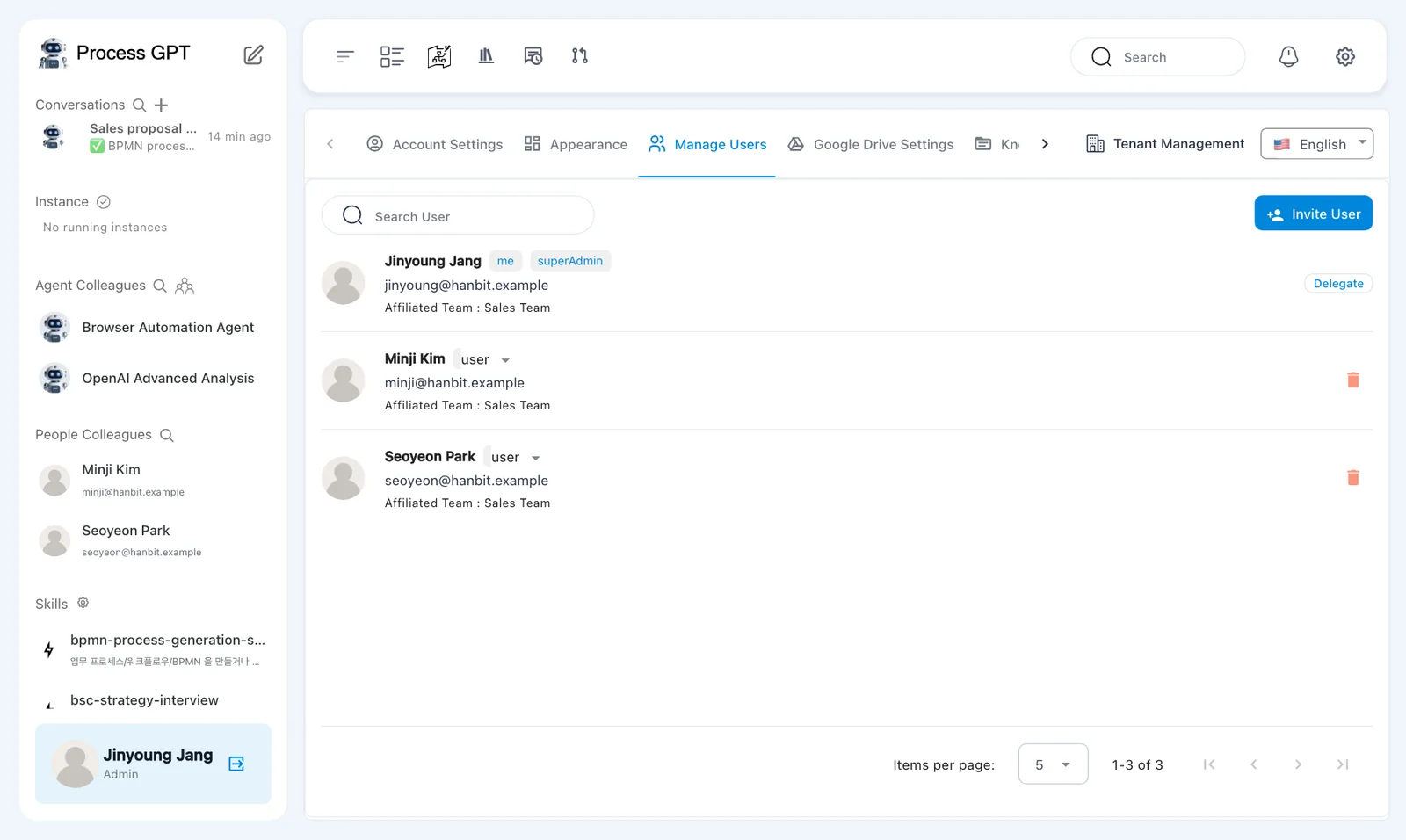 Manage Users after assignment — all three users show Affiliated Team : Sales Team
