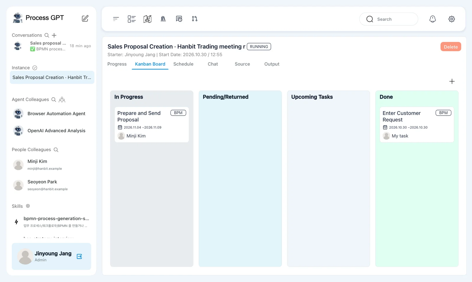 Running instance — Prepare and Send Proposal assigned to Minji in In Progress and Enter Customer Request in Done