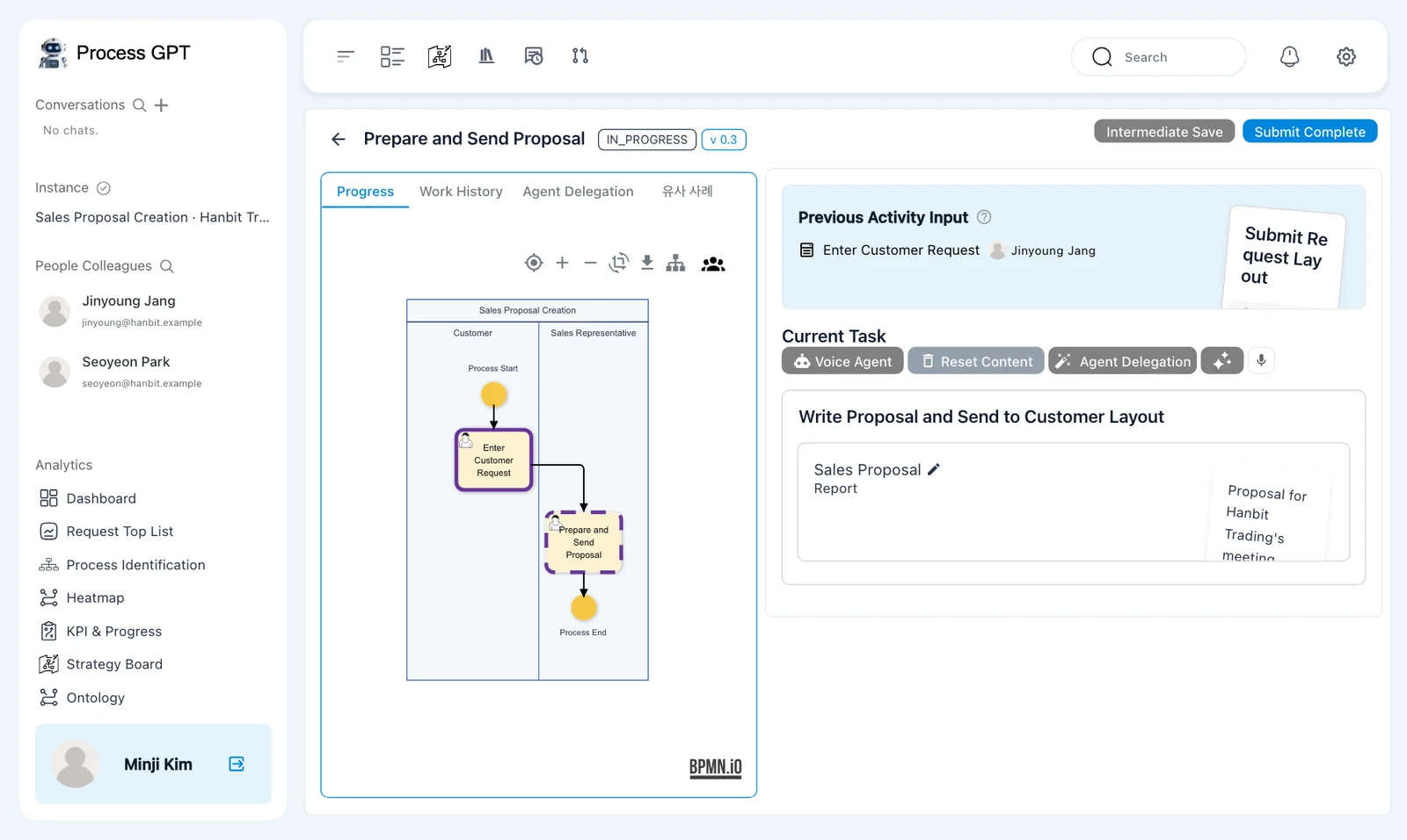 Filled task — the Sales Proposal card previews the saved proposal
