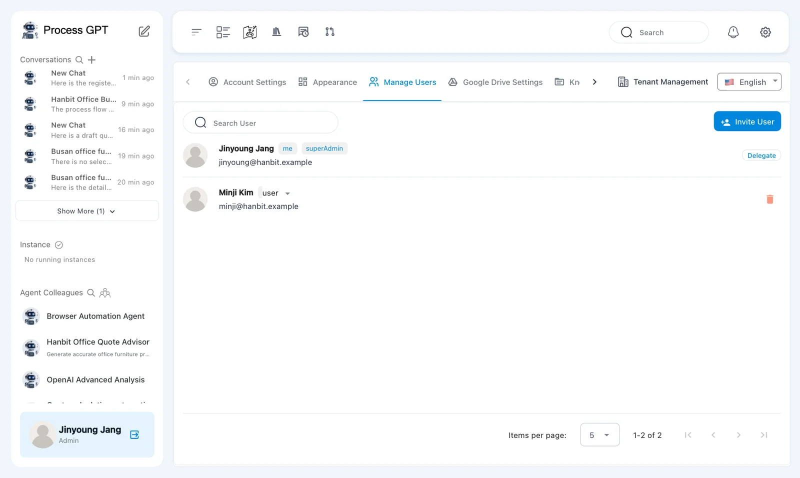 Manage Users after the sign-up — Jinyoung Jang (me, superAdmin) and Minji Kim (user)