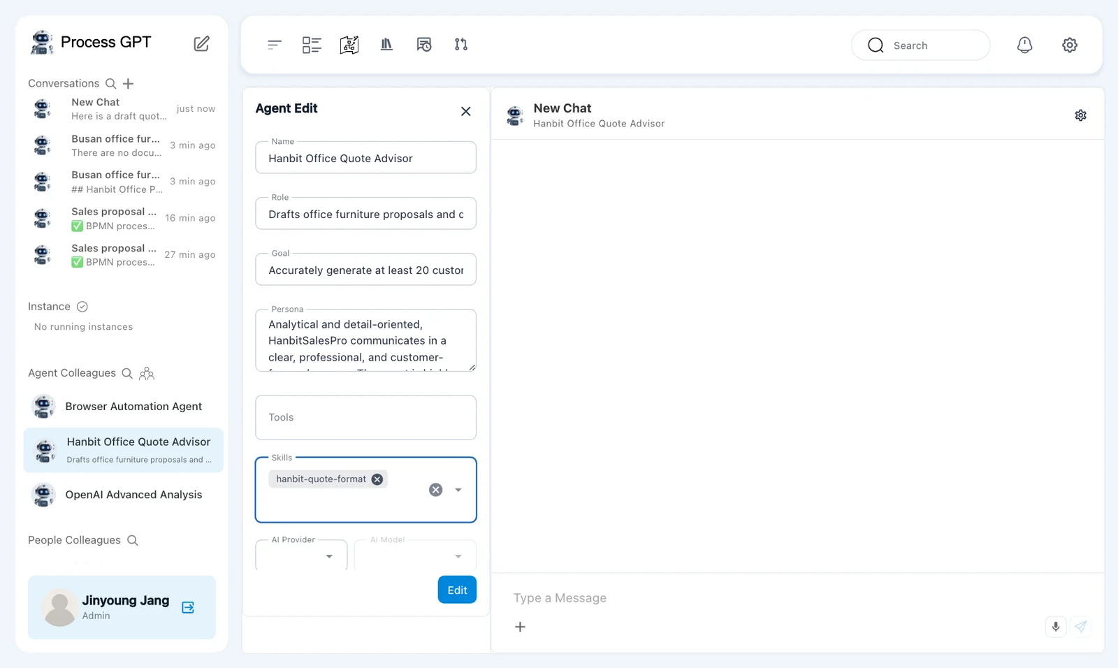 Attach the skill — hanbit-quote-format selected in the agent's Skills field