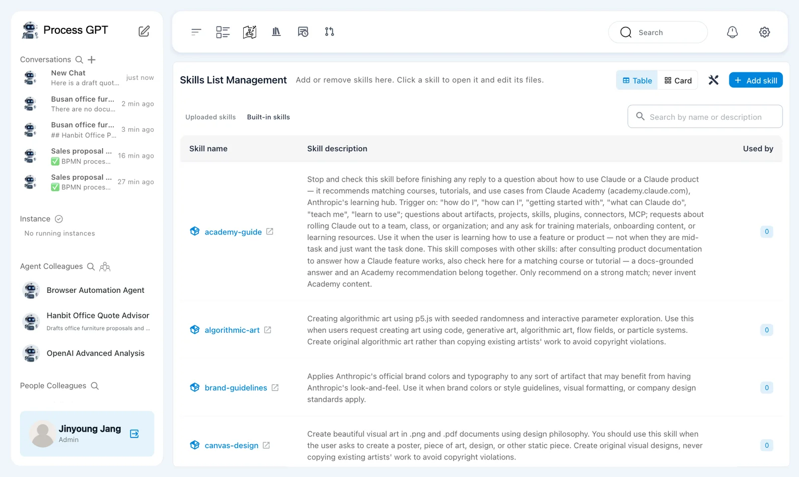 Built-in skills — the Built-in skills tab with English skill descriptions