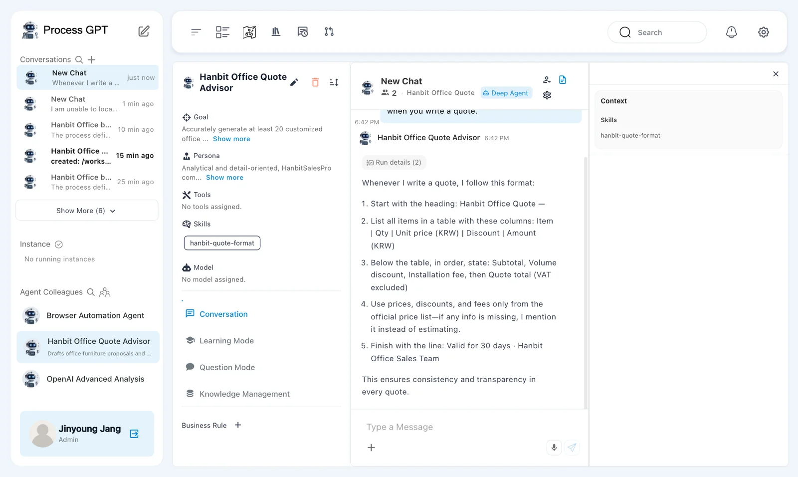 Format-check conversation — the agent explains the quote rules beside the context panel