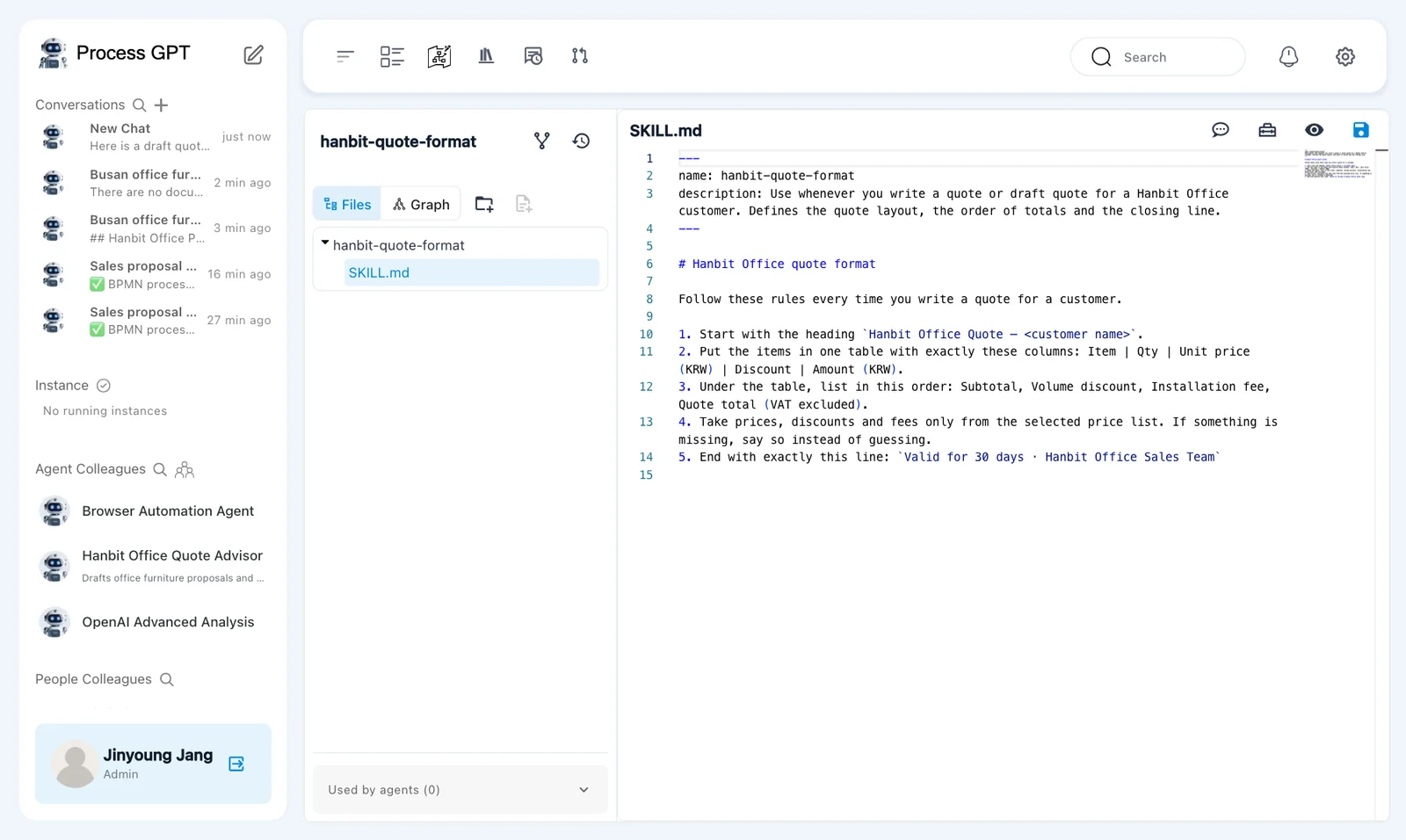 Skill detail — Files and Graph tabs, the SKILL.md editor, and Used by agents (0)