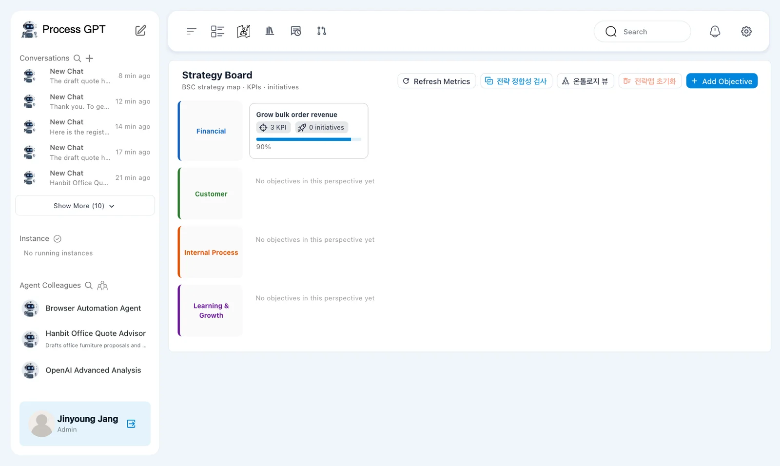 Final strategy board — Grow bulk order revenue with 3 KPI, 0 initiatives, and 90%