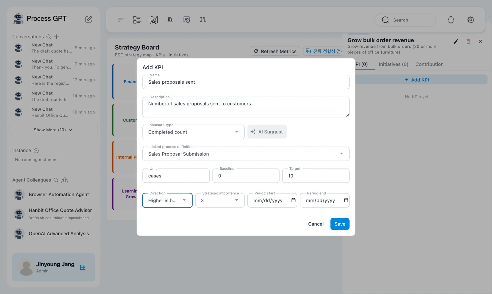 Completed-count KPI — Sales Proposal Submission linked to Sales proposals sent, with target 10