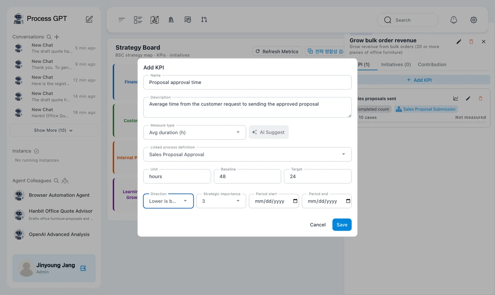 Duration KPI — Proposal approval time with baseline 48 hours, target 24 hours, and Lower is better
