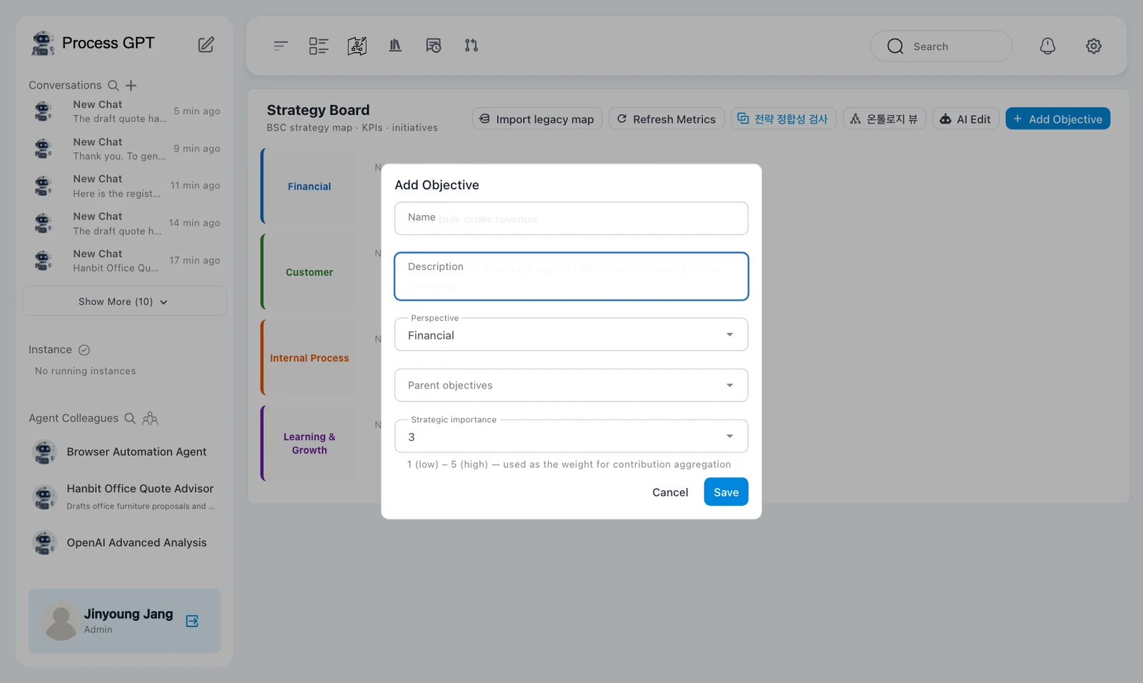 Add Objective dialog — the revenue objective, description, Financial perspective, and importance 3