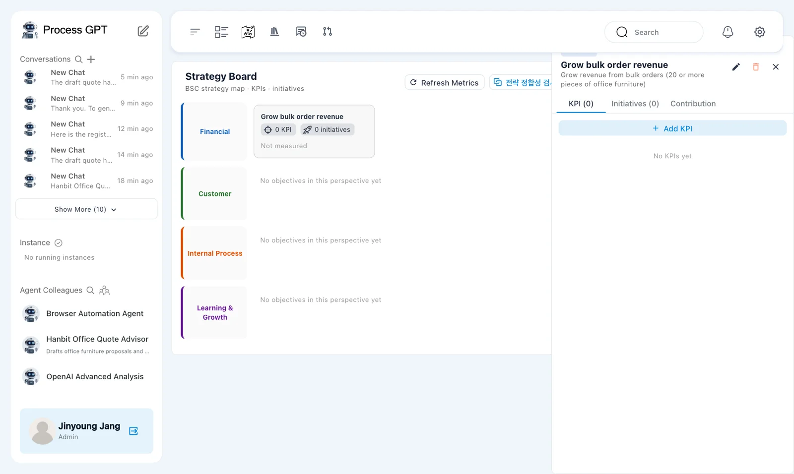 Objective panel — KPI, Initiatives, Contribution, and Add KPI