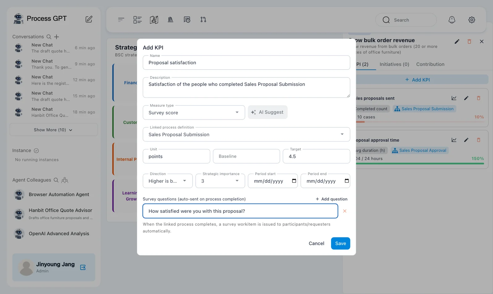 Survey KPI — Proposal satisfaction linked to Sales Proposal Submission, with target 4.5 and the survey question