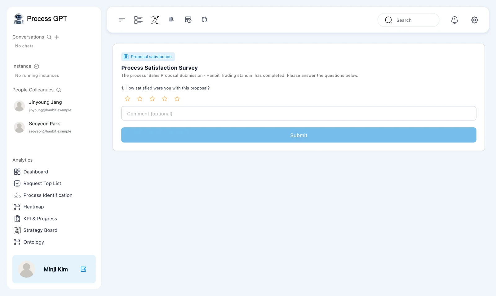 Survey form — Proposal satisfaction, Process Satisfaction Survey, the completed process name, and the question