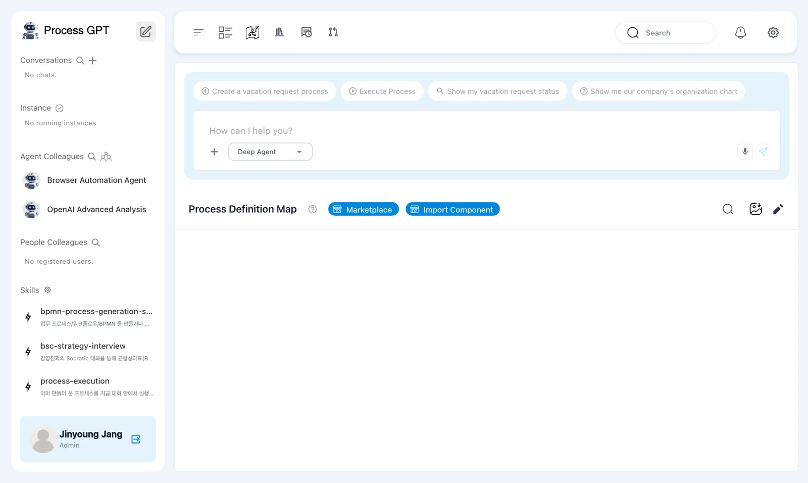 Home — the chat box (example sentences, +, agent picker, microphone) and an empty Process Definition Map