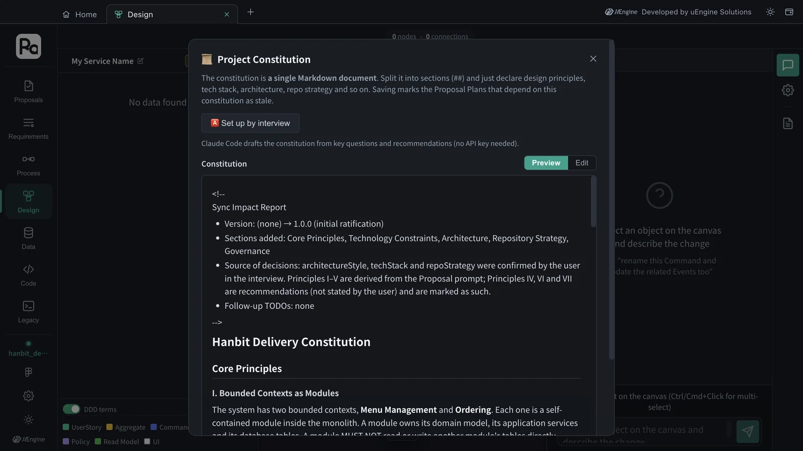 Project Constitution — Preview · Edit, “Set up by interview”, Hanbit Delivery Constitution