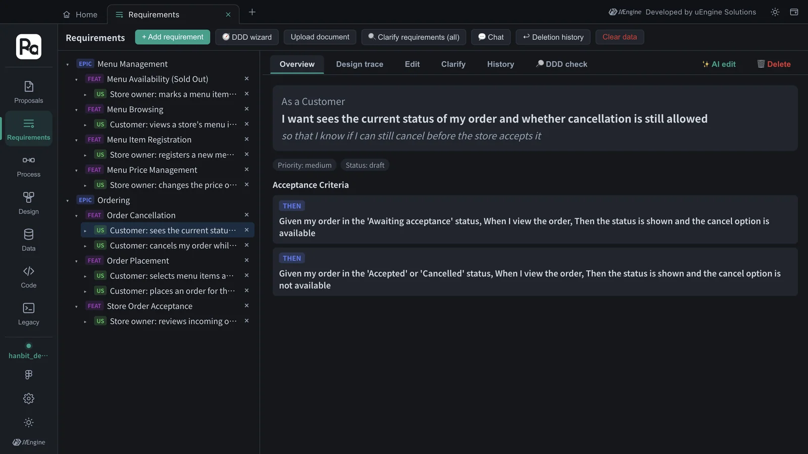 Story overview — “Customer: sees the current status of my order and whether cancellation is still allowed”, two acceptance criteria (the cancel option is available while Awaiting acceptance, not once Accepted or Cancelled)