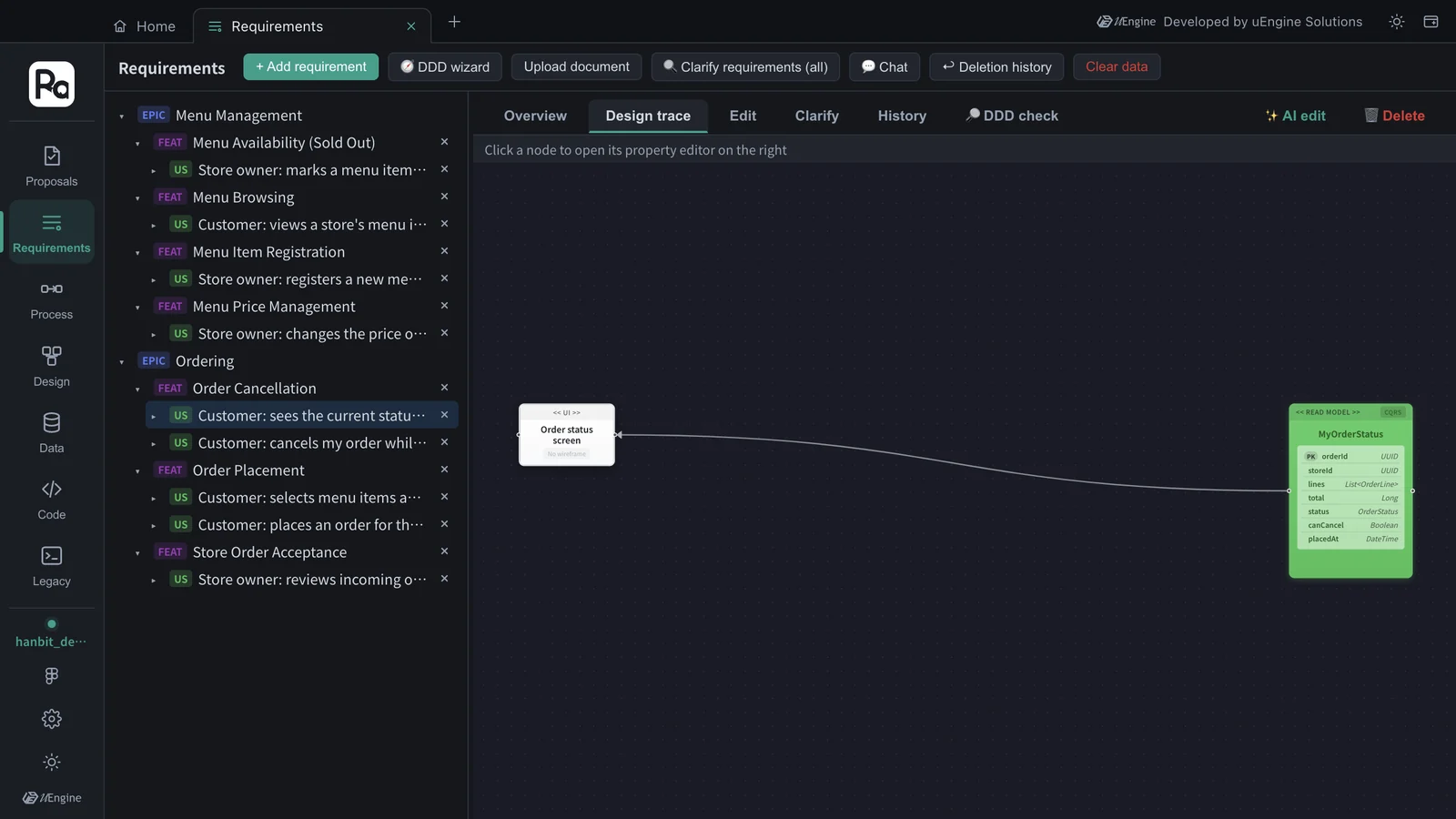 Design trace — Order status screen → the read model MyOrderStatus (orderId · storeId · lines · total · status · canCancel · placedAt)