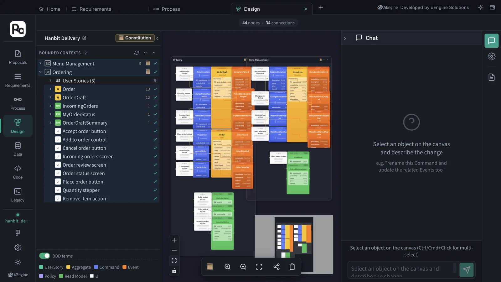 Both contexts — Ordering and Menu Management (RegisterMenuItem · ChangeMenuItemPrice · MarkMenuItemSoldOut · MarkMenuItemAvailable → MenuItem), 44 nodes · 34 connections