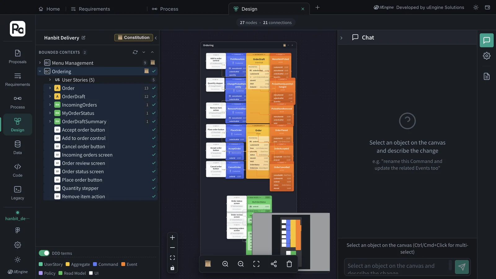 Design canvas — the Ordering context, 27 nodes · 21 connections: screens → PickMenuItem · ChangePickedItemQuantity · RemovePickedItem → OrderDraft, and PlaceOrder · AcceptOrder · CancelOrder → Order → OrderPlaced · OrderAccepted · OrderCancelled