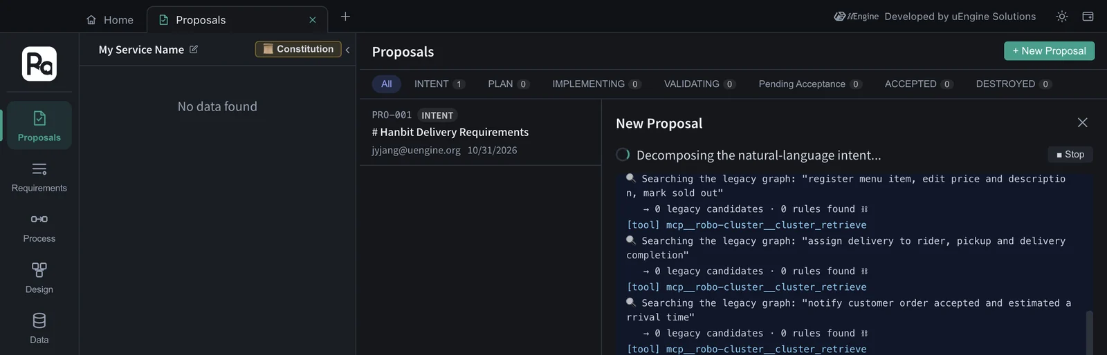 Analyzing — “# Hanbit Delivery Requirements” in the list; under “Decomposing the natural-language intent…”, legacy graph searches for the menu, delivery and notification requirements, each with 0 legacy candidates · 0 rules found