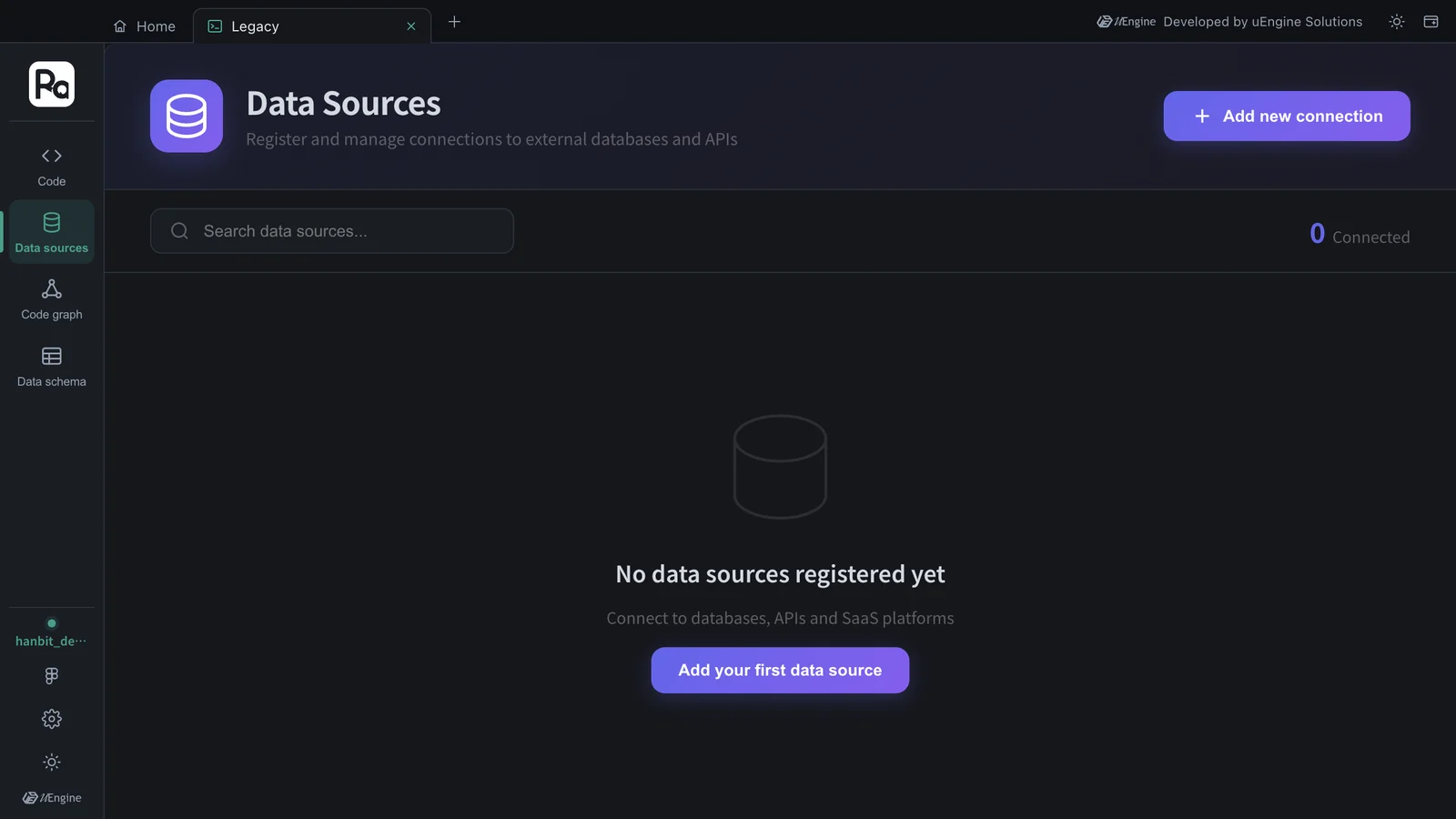Data Sources — “No data sources registered yet”, 0 Connected, Add new connection