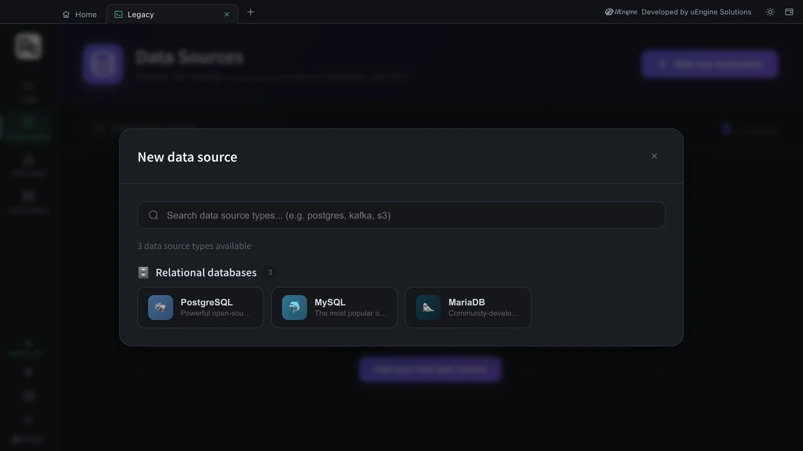 New data source — type search, “3 data source types available”, Relational databases: PostgreSQL · MySQL · MariaDB