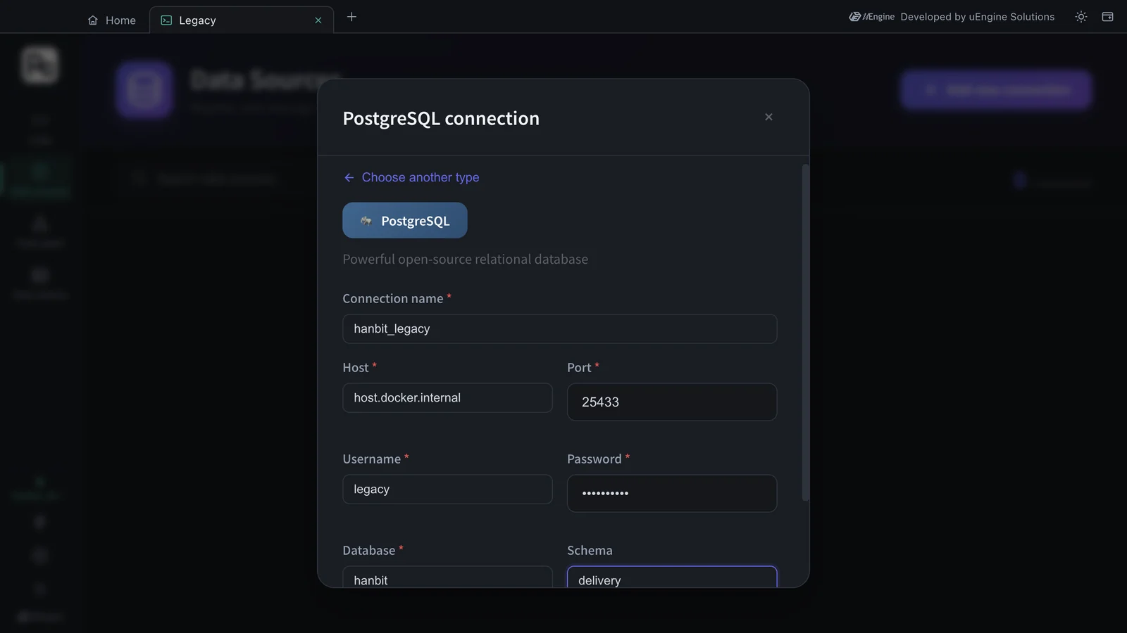 PostgreSQL connection — Connection name · Host · Port · Username · Password · Database · Schema