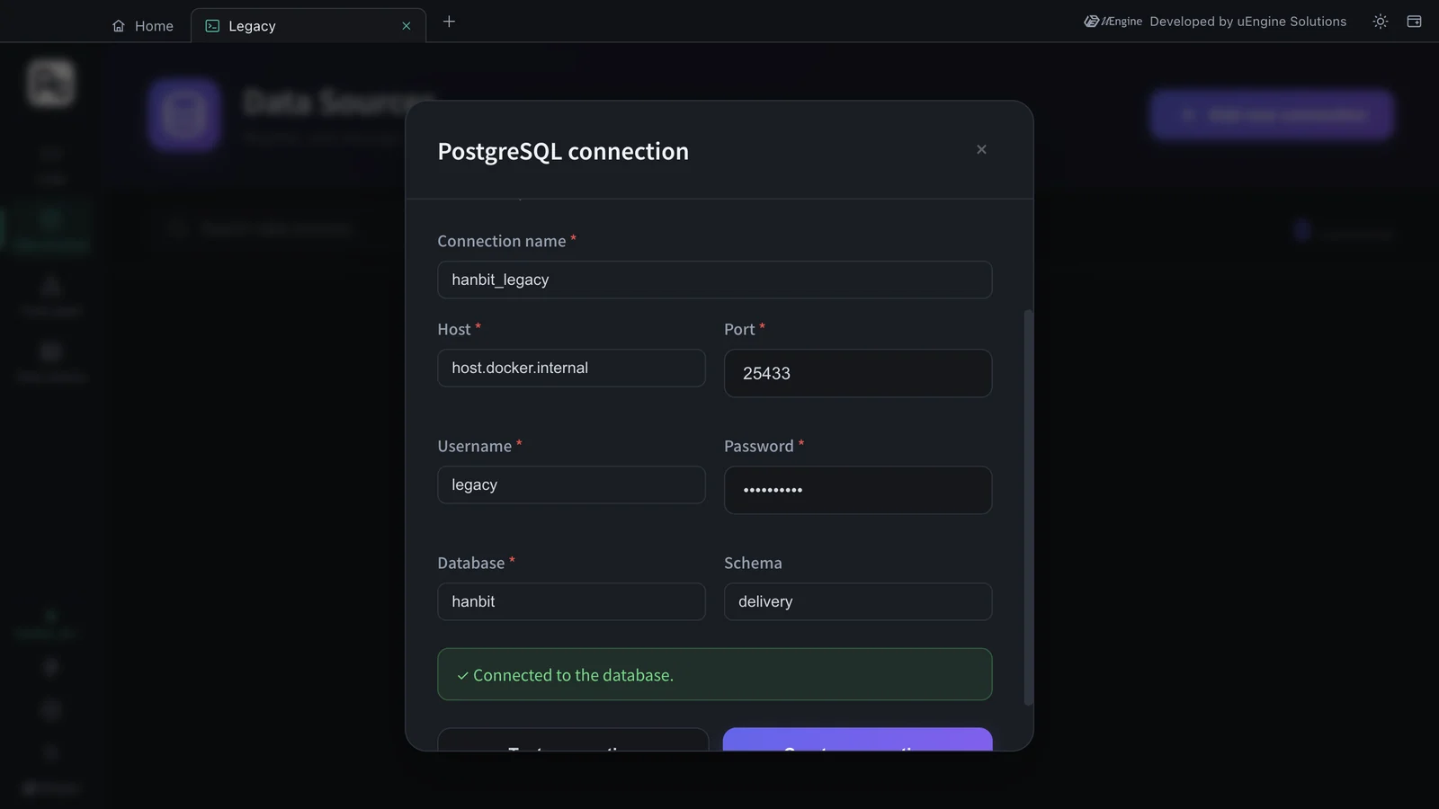 Connection test succeeded — “✓ Connected to the database.”, with the Test connection · Create connection buttons just below