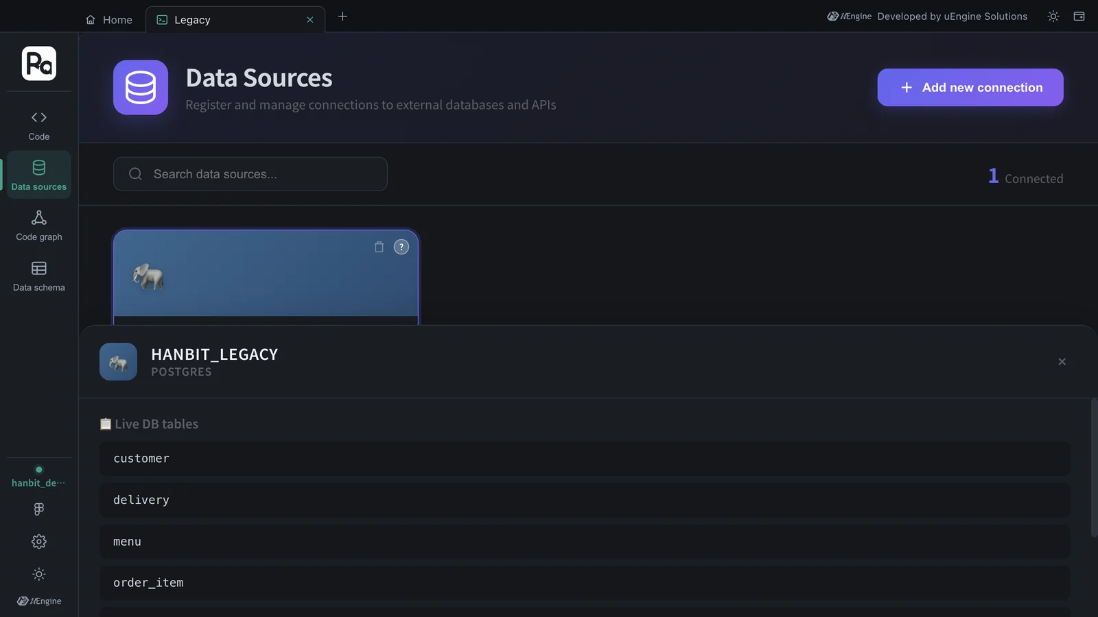 The hanbit_legacy card opened — HANBIT_LEGACY · POSTGRES, Live DB tables customer · delivery · menu · order_item (orders · rider · store further down)