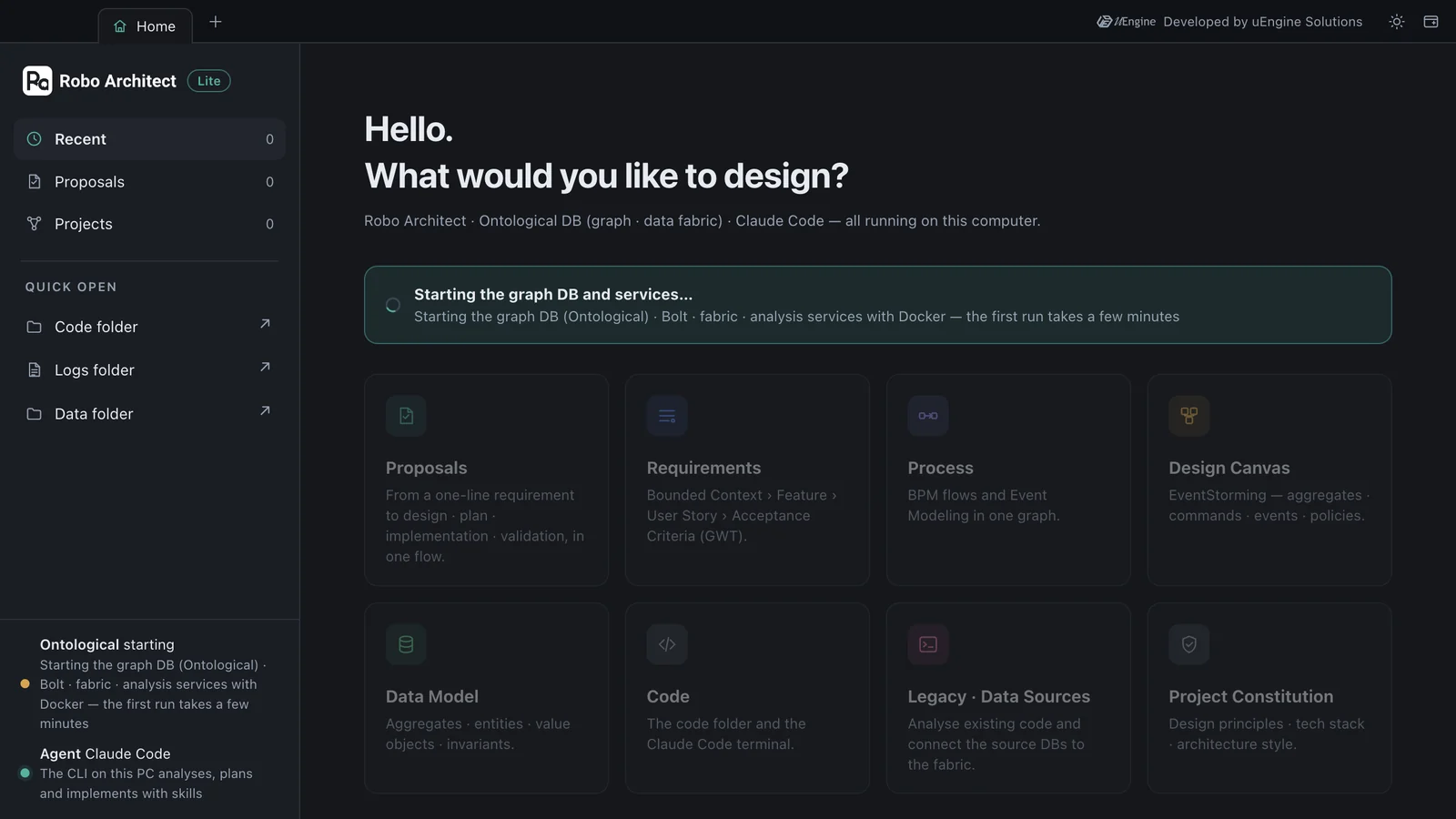 Home on first launch — starting the graph DB and services, feature cards locked, “Ontological starting” at bottom left