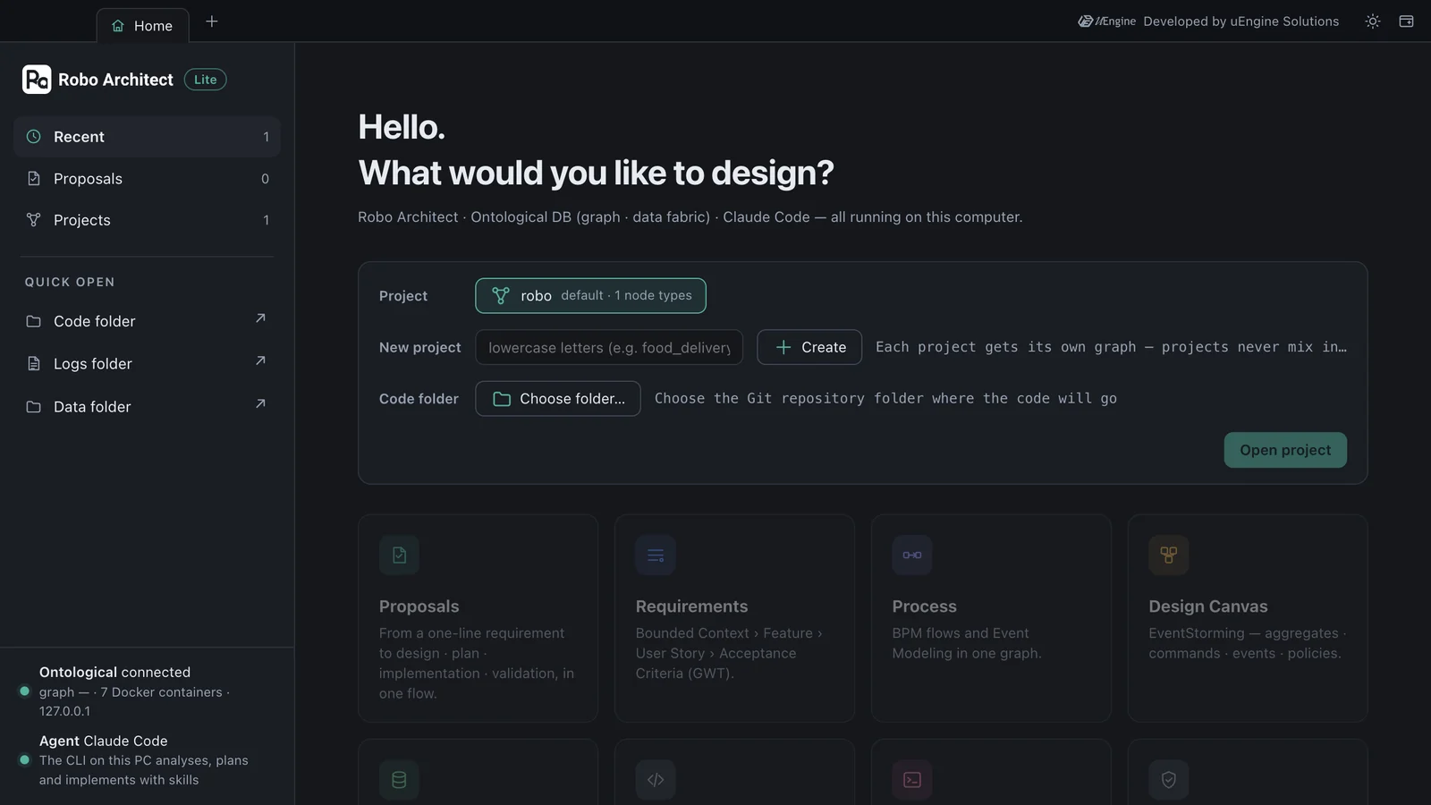 Home after start-up — project robo (default), the new project name field, the code folder