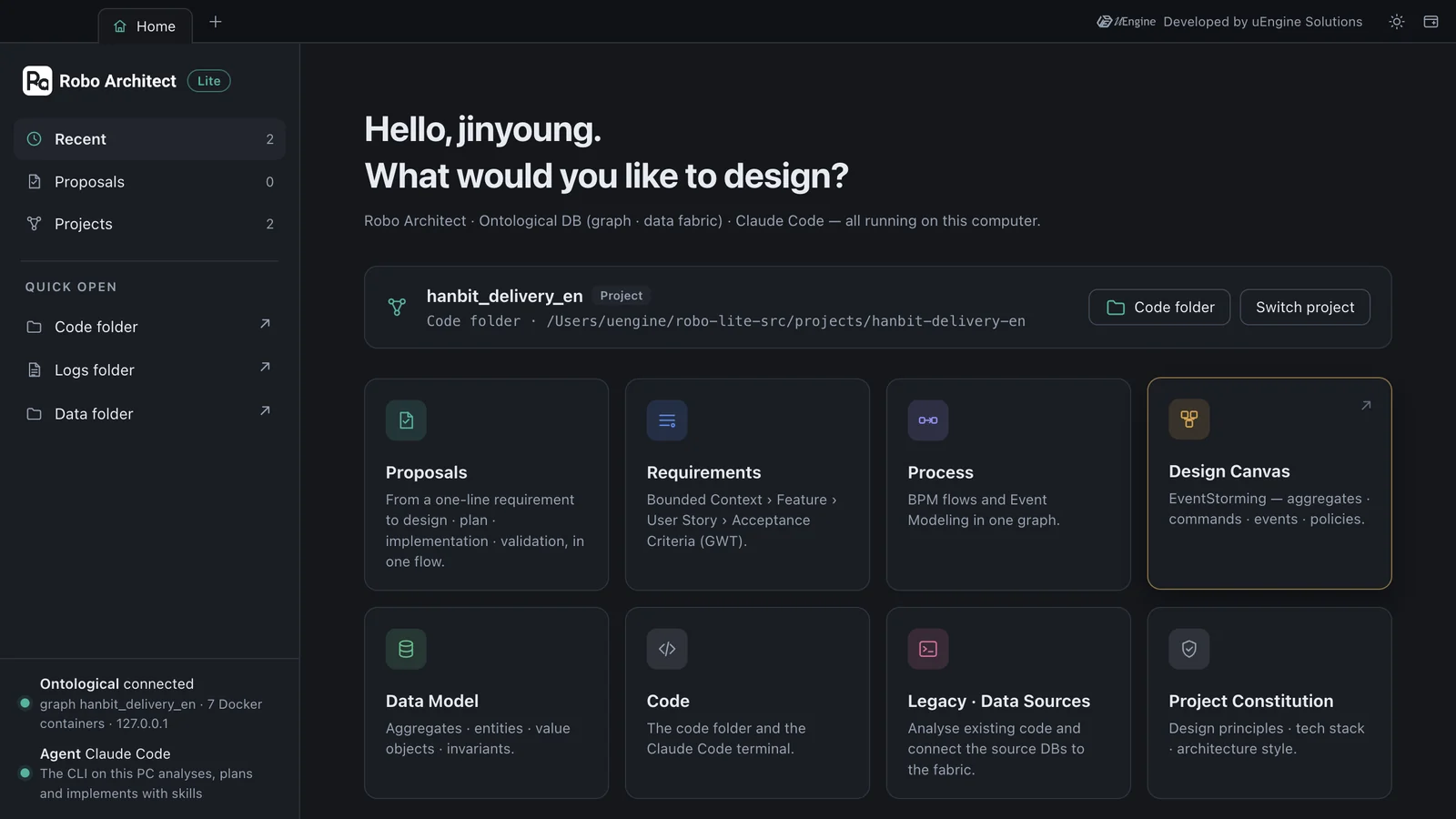 Home with the project open — hanbit_delivery_en · code folder, eight enabled feature cards