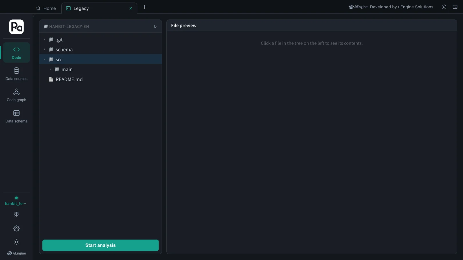 Legacy › Code — the file tree of hanbit-legacy-en, File preview, and Start analysis