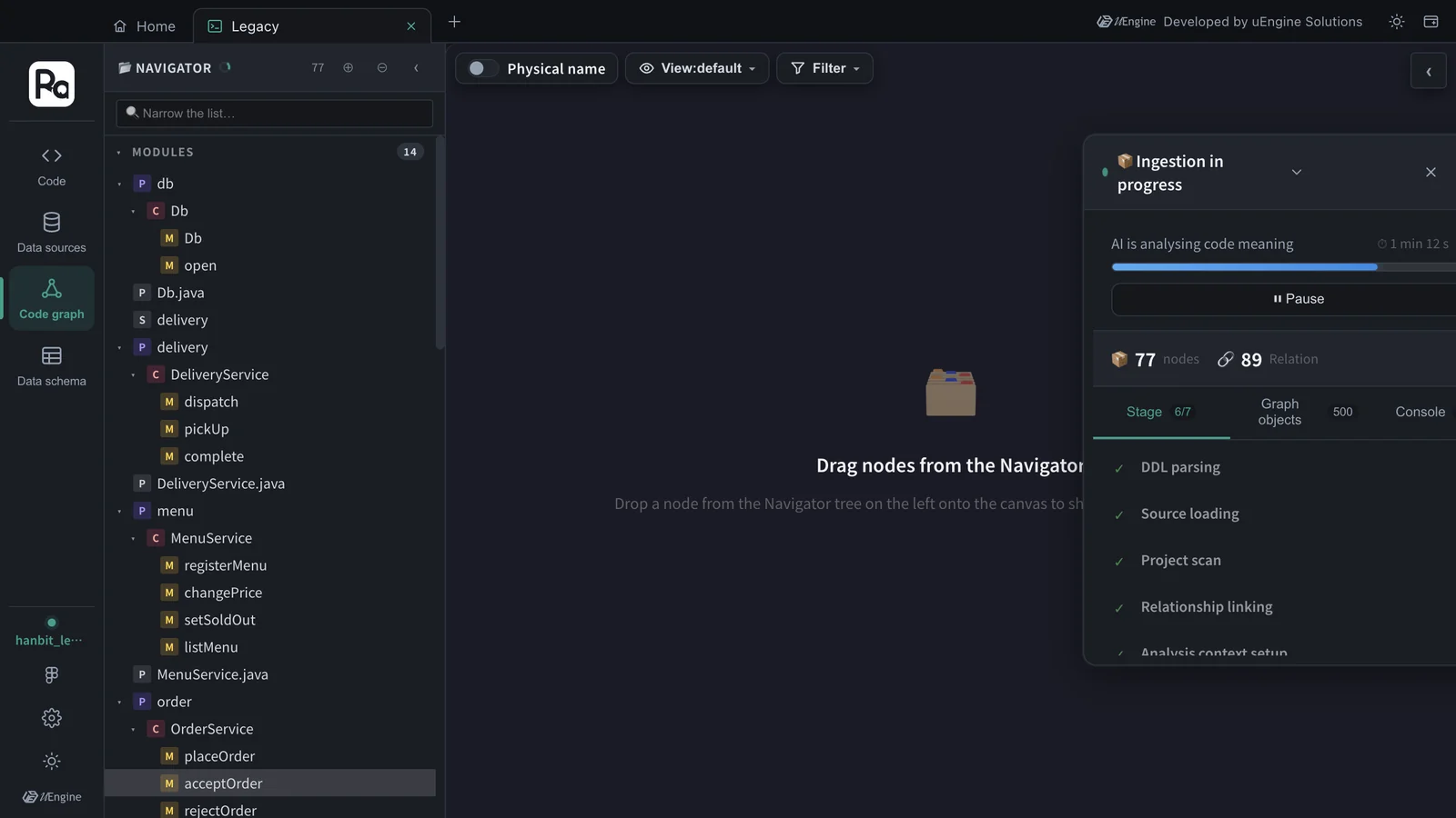 Analyzing — the Code graph tree fills in, and the progress window is at Stage 6/7, “AI is analysing code meaning”