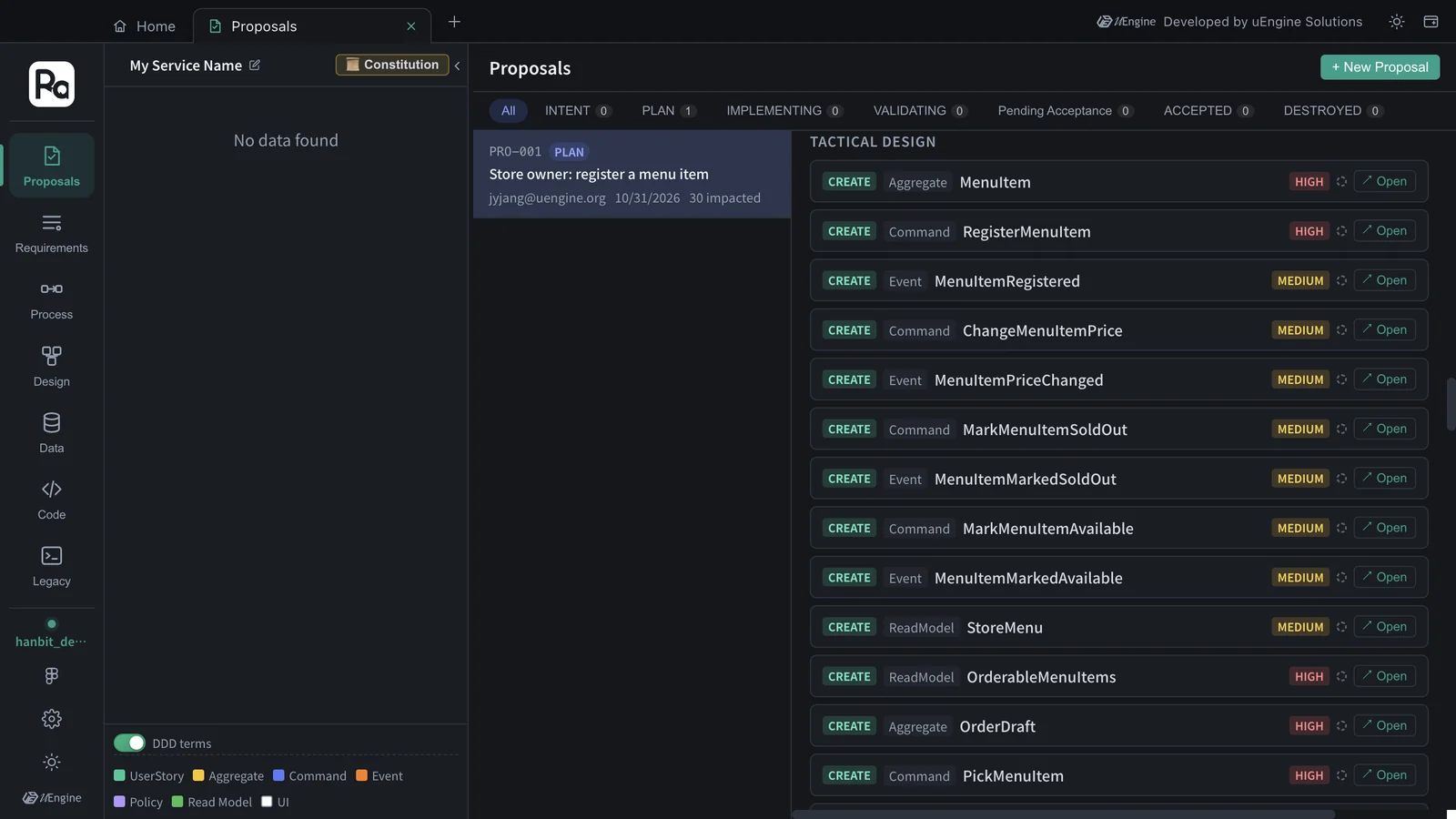 Tactical Design — CREATE Aggregate MenuItem · Command RegisterMenuItem · Event MenuItemRegistered …, “Open” to preview on the design canvas
