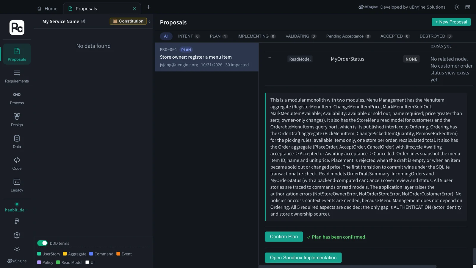 Plan confirmed — the impact list, the summary, “Plan has been confirmed”, Open Sandbox Implementation