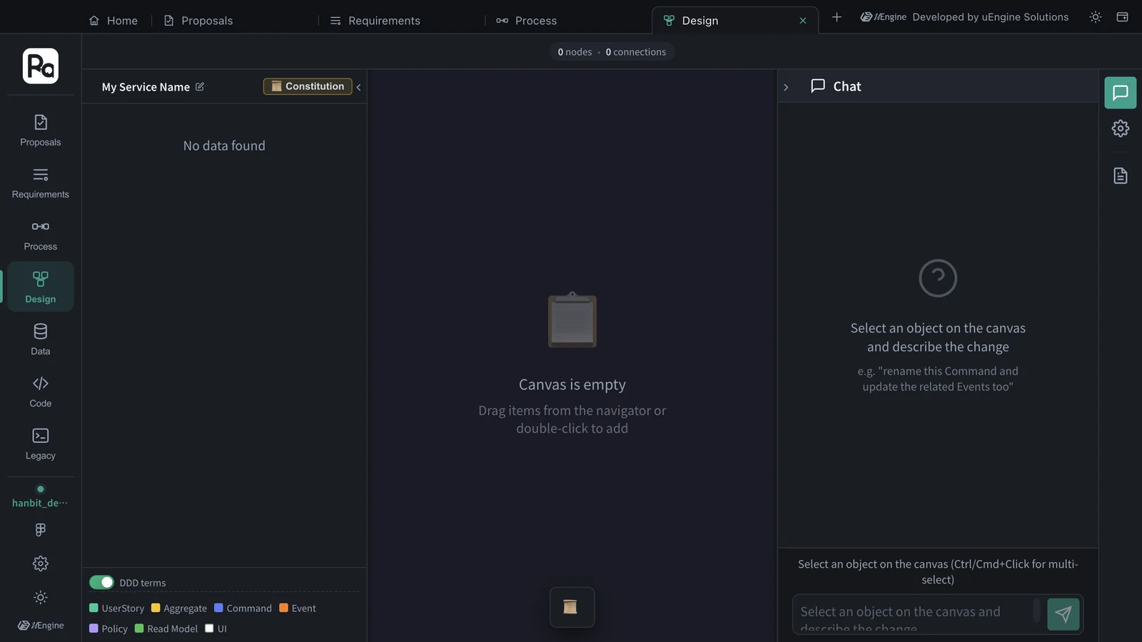 Design tab — navigator on the left, empty canvas in the middle, edit chat on the right