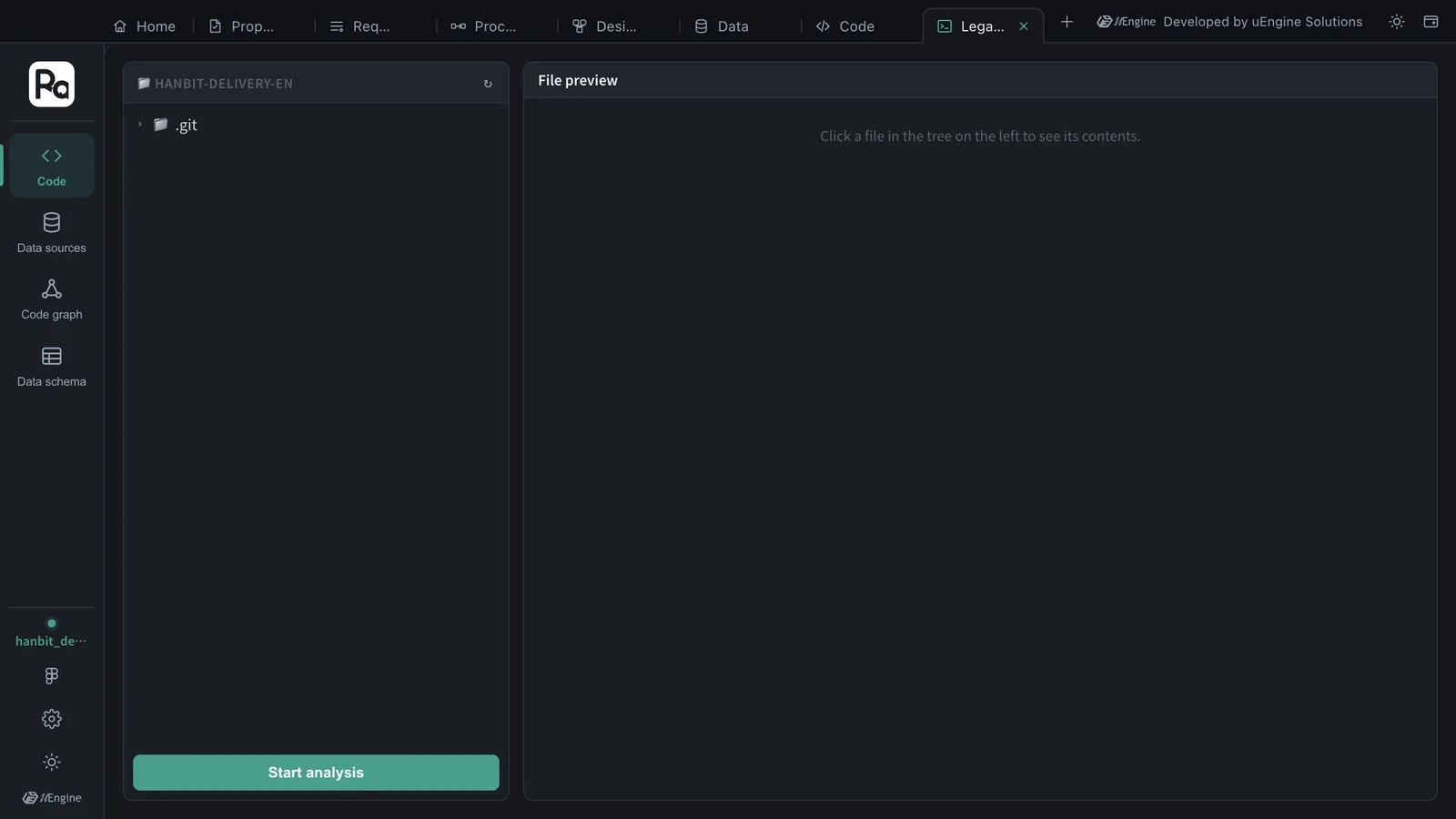 Legacy tab — the rail shows only the Legacy menu (Code · Data sources · Code graph · Data schema), the code folder tree and “Start analysis”