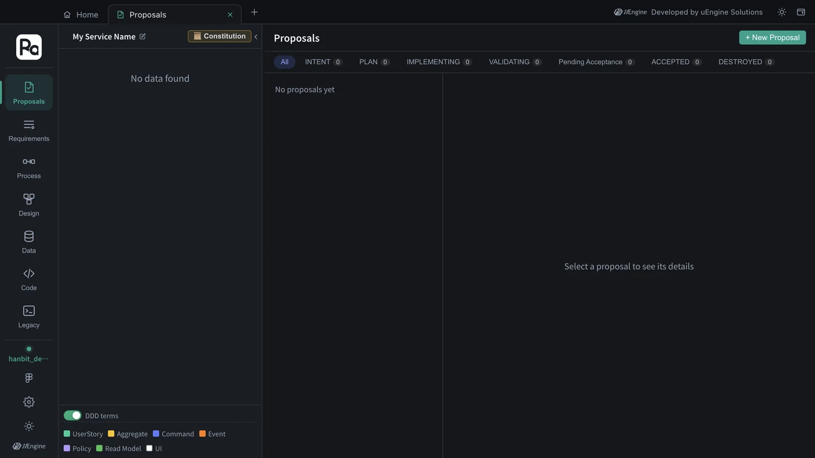 Proposals tab — left rail, title bar at the top, columns by status (INTENT · PLAN · IMPLEMENTING · VALIDATING · Pending Acceptance · ACCEPTED · DESTROYED)