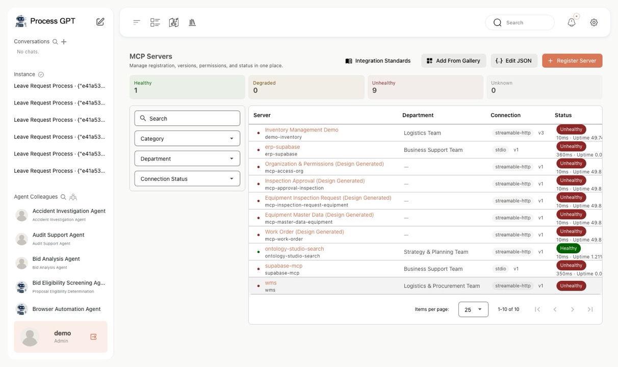 MCP Hub — Server list — Live connection status