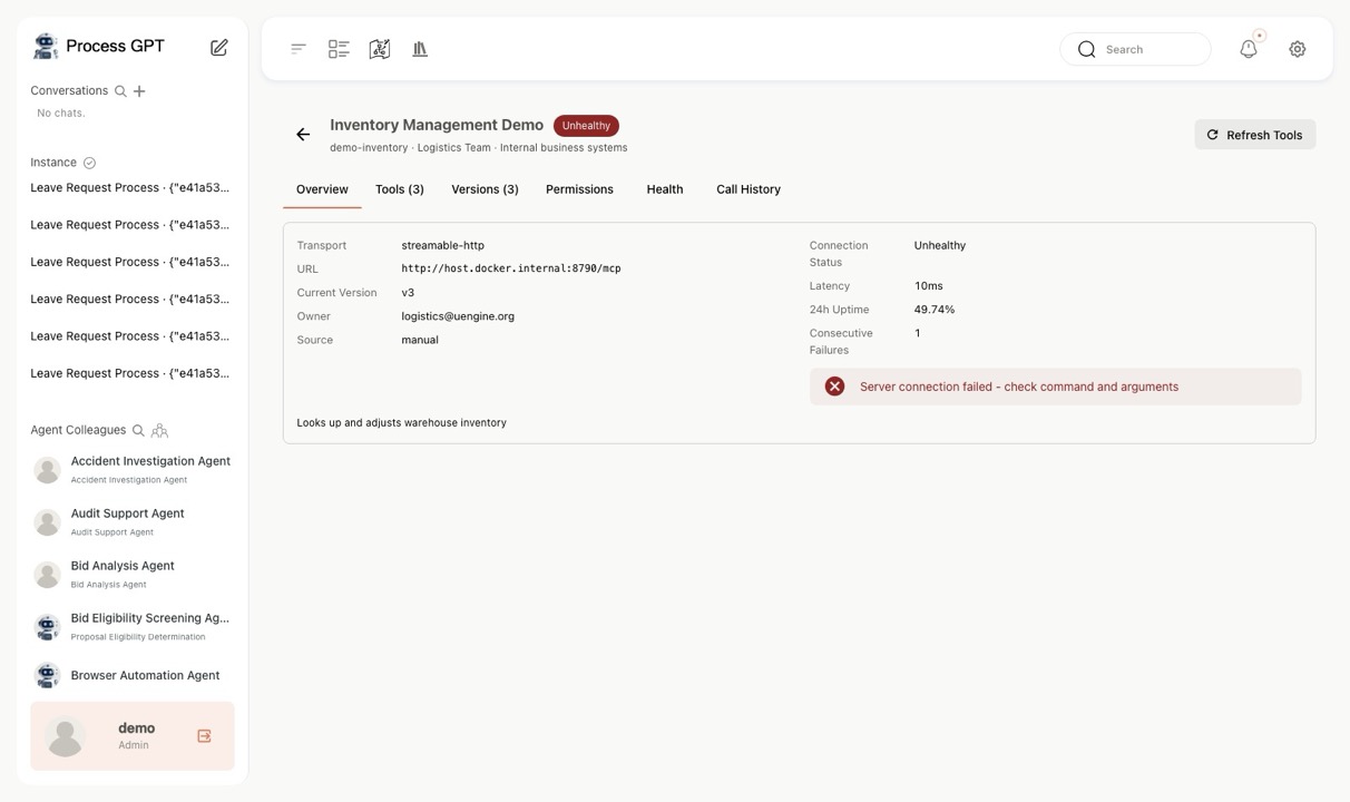 MCP Hub — Server details — Latency, availability, consecutive failures