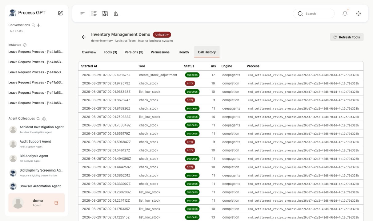 MCP Hub — Call history