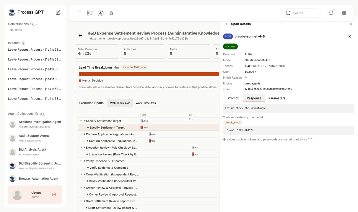 Response tab — model body plus the requested tool (check_stock) and its arguments