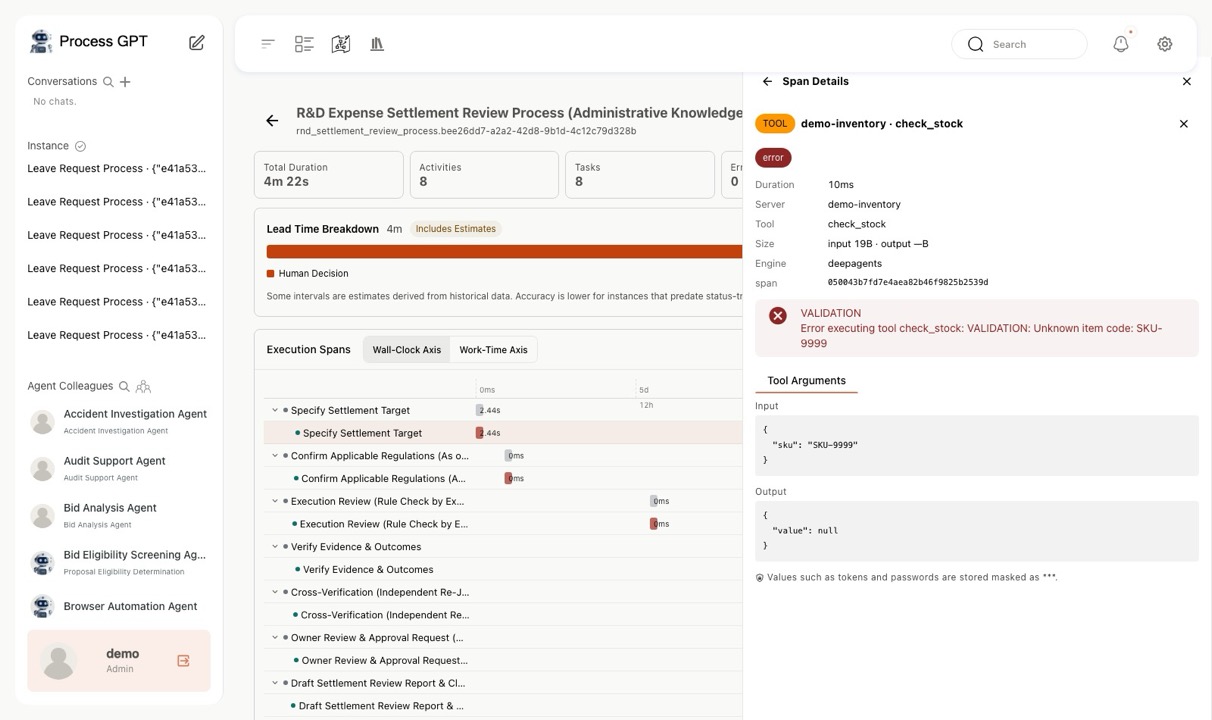 Tool span detail — demo-inventory check_stock call with a VALIDATION error