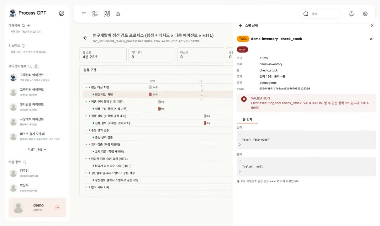 툴 스팬 상세 — demo-inventory check_stock 호출과 VALIDATION 오류